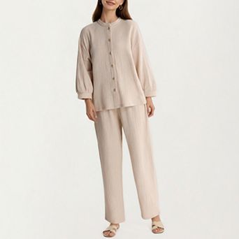 Women's 2 pc Set Button-Up Textured Top with Balloon Sleeves and Relaxed Fit Pants