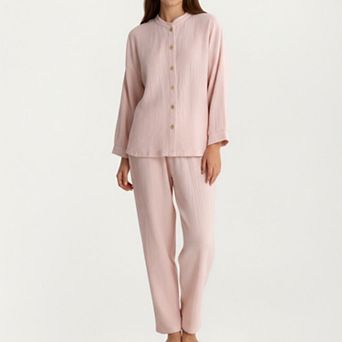 Women's 2 pc Set Button-Up Textured Top with Balloon Sleeves and Relaxed Fit Pants