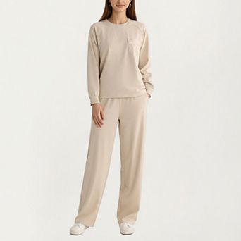 Women's 2 pc Set Long Sleeve Top with Front Pocket and Relaxed Fit Lounge Pants