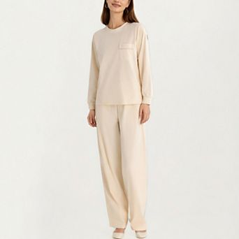 Women's 2 pc Set Long Sleeve Top with Front Pocket and Relaxed Fit Lounge Pants