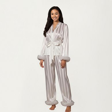 Women's 2-Piece Set Satin Wrap Top with Feather Trim Cuffs and Matching Straight-Leg Pants