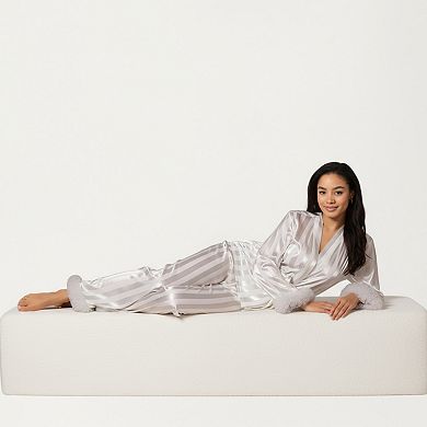 Women's 2-Piece Set Satin Wrap Top with Feather Trim Cuffs and Matching Straight-Leg Pants