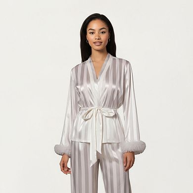 Women's 2-Piece Set Satin Wrap Top with Feather Trim Cuffs and Matching Straight-Leg Pants