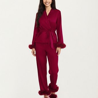 Women's 2 pc Set Satin Wrap Top with Feather Trim Cuffs and Matching Straight-Leg Pants