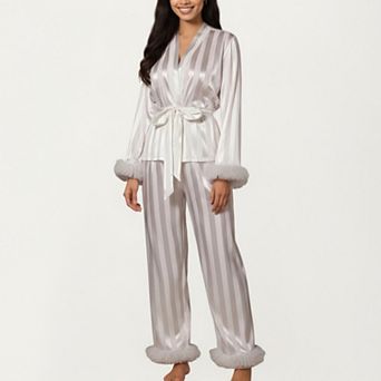 Women's 2 pc Set Satin Wrap Top with Feather Trim Cuffs and Matching Straight-Leg Pants