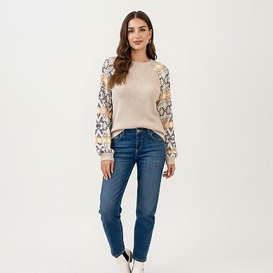 Women's Textured Knit Pullover Sweater with Geometric Pattern Long Sleeves and Ribbed Cuffs