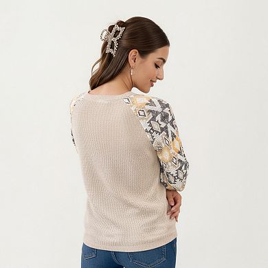 Women's Textured Knit Pullover Sweater with Geometric Pattern Long Sleeves and Ribbed Cuffs