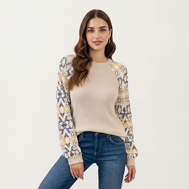 Women's Textured Knit Pullover Sweater with Geometric Pattern Long Sleeves and Ribbed Cuffs
