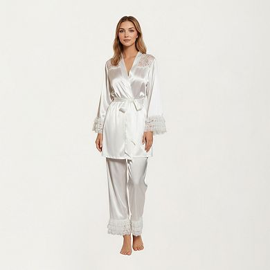 Women's 2-Piece Set Satin Lace Trim Long Sleeve Top with Tie Waist and Ruffle Hem Pants