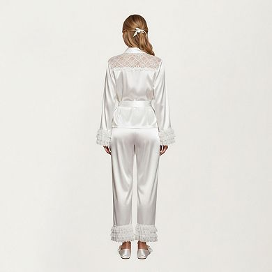 Women's 2-Piece Set Satin Lace Trim Long Sleeve Top with Tie Waist and Ruffle Hem Pants