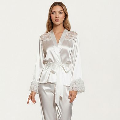 Women's 2-Piece Set Satin Lace Trim Long Sleeve Top with Tie Waist and Ruffle Hem Pants
