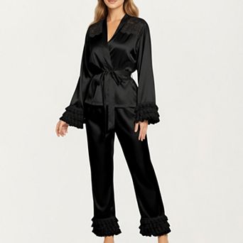 Women's 2 pc Set Satin Lace Trim Long Sleeve Top with Tie Waist and Ruffle Hem Pants