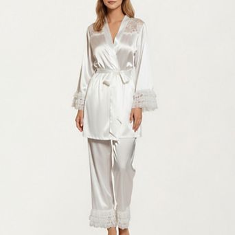 Women's 2 pc Set Satin Lace Trim Long Sleeve Top with Tie Waist and Ruffle Hem Pants