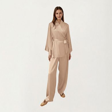 Women's 2-Piece Satin Pajama Set with Kimono Sleeve Wrap Top and Wide-Leg Pants