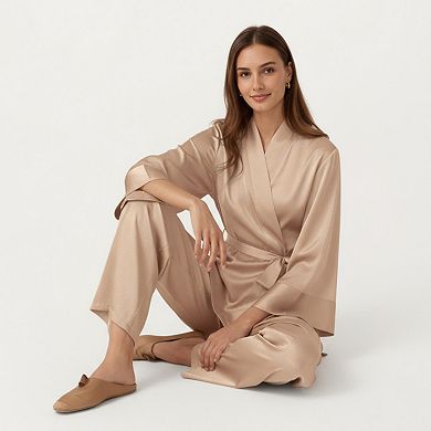 Women's 2-Piece Satin Pajama Set with Kimono Sleeve Wrap Top and Wide-Leg Pants