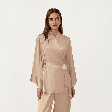 Women's 2-Piece Satin Pajama Set with Kimono Sleeve Wrap Top and Wide-Leg Pants