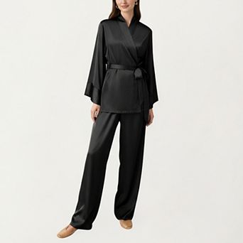 Women's 2 pc Satin Pajama Set with Kimono Sleeve Wrap Top and Wide-Leg Pants
