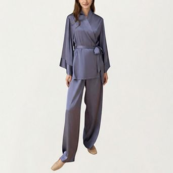 Women's 2 pc Satin Pajama Set with Kimono Sleeve Wrap Top and Wide-Leg Pants