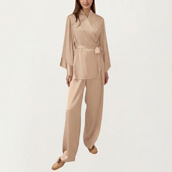 Women's 2 pc Satin Pajama Set with Kimono Sleeve Wrap Top and Wide-Leg Pants