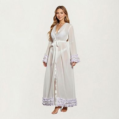 Women's Long Satin Robe with Ruffled Cuffs Hem and Tie Waist Belt