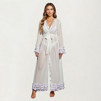 Women's Long Satin Robe with Ruffled Cuffs Hem and Tie Waist Belt