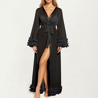 Women's Long Satin Robe with Ruffled Cuffs Hem and Tie Waist Belt