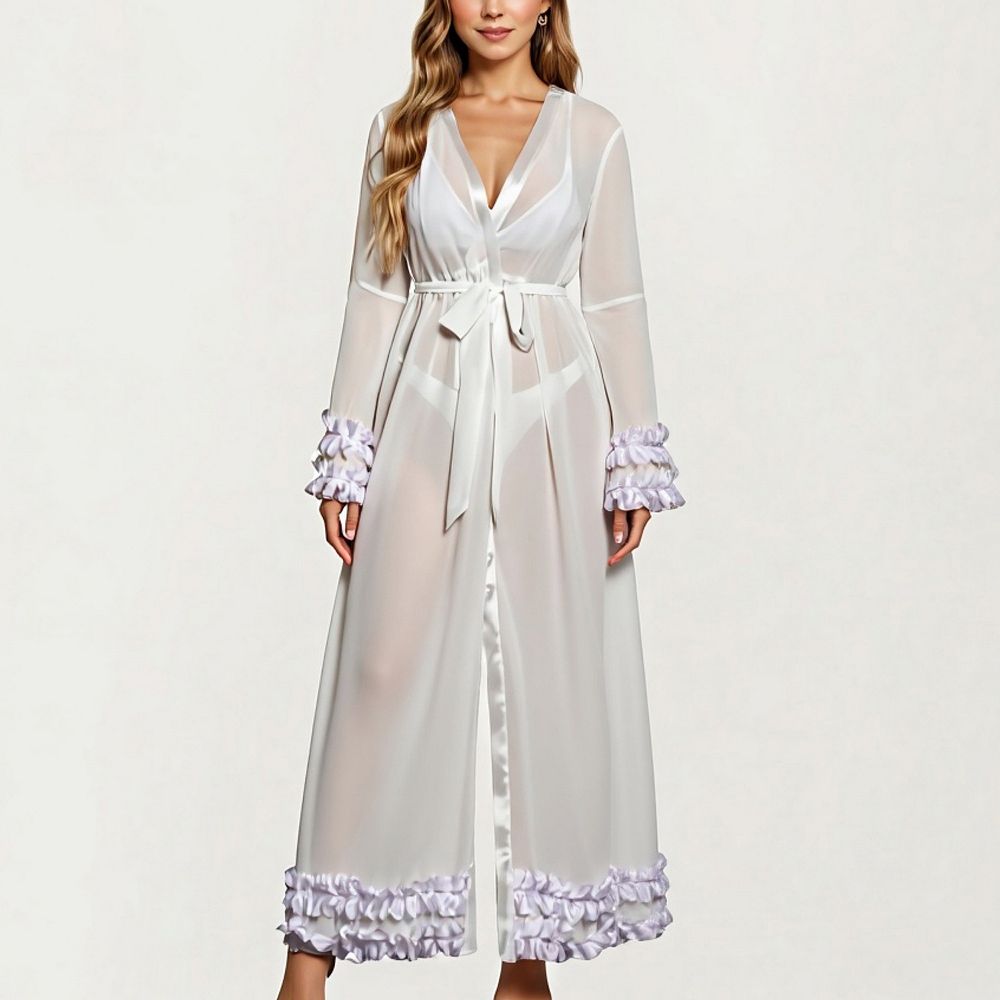 Women's Long Satin Robe with Ruffled Cuffs Hem and Tie Waist Belt
