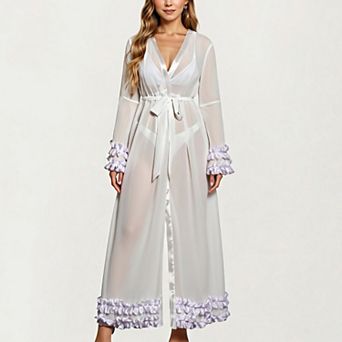 Women's Long Satin Robe with Ruffled Cuffs Hem and Tie Waist Belt