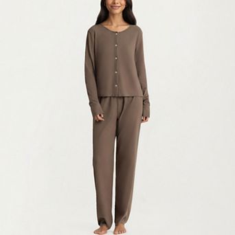 Women's 2 pc Set Soft Knit Lounge Pants and Button-Up Cardigan with Tank Top