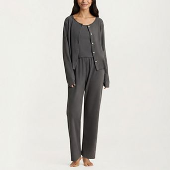 Women's 2 pc Set Soft Knit Lounge Pants and Button-Up Cardigan with Tank Top