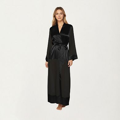 Women's Long Satin Robe with Tie Waist Belt and Wide Cuff Sleeves
