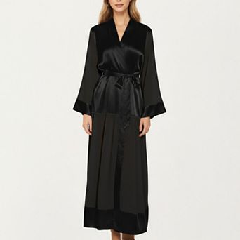 Women's Long Satin Robe with Tie Waist Belt and Wide Cuff Sleeves