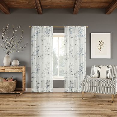 No. 918 Margot Botanical Print Sheer 2 Window Curtain Panels