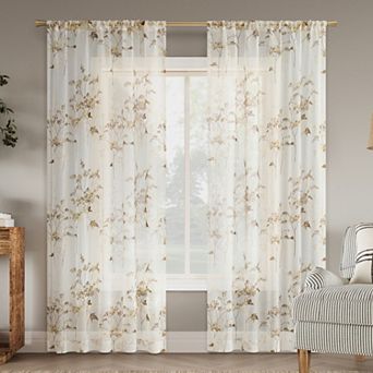 No. 918 Margot Botanical Print Sheer 2 Window Curtain Panels