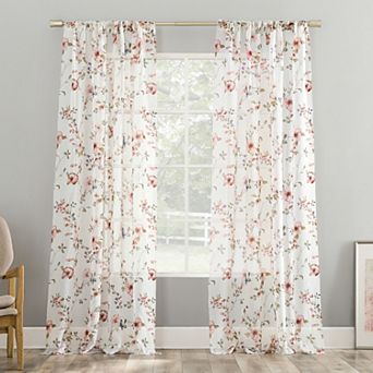 No. 918 Jocelyn Floral Print Sheer 2 Window Curtain Panels
