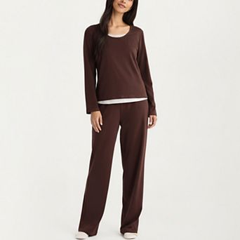 Women's 2 pc Set Soft Knit Long Sleeve Top and Relaxed Fit Lounge Pants