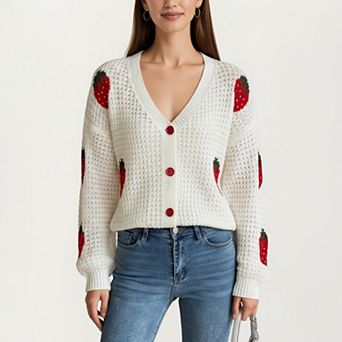 Women's Strawberry Pattern Knit Cardigan with V-Neckline and Button Front Closure