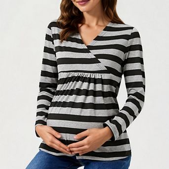 Women's Long Sleeve Striped V-Neck Maternity Top with Empire Waist