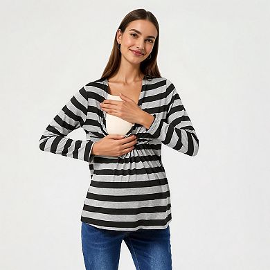 Women's Long Sleeve Striped V-Neck Maternity Top with Empire Waist