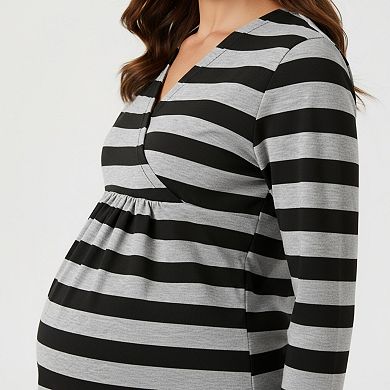 Women's Long Sleeve Striped V-Neck Maternity Top with Empire Waist