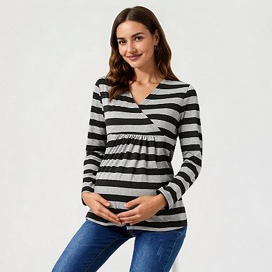 Women's Long Sleeve Striped V-Neck Maternity Top with Empire Waist