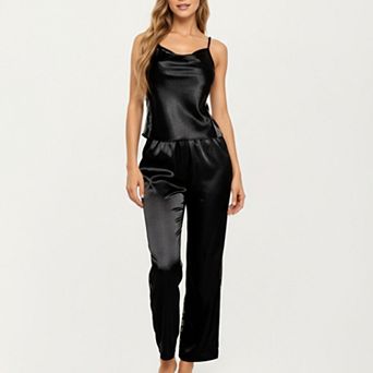 Women's 2 pc Set Satin Cowl Neck Camisole Top with Adjustable Straps and Straight-Leg Pants