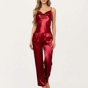 Women's 2 pc Set Satin Cowl Neck Camisole Top with Adjustable Straps and Straight-Leg Pants