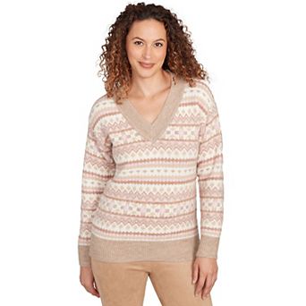 Hearts of Palm Women's Makin' Me Blush Long Sleeve V-Neck Fairisle Sweater