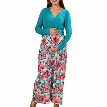 Women's Long Sleeve Floral Print Maternity Dresswith V-Neck Wrap Top