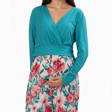 Women's Long Sleeve Floral Print Maternity Dresswith V-Neck Wrap Top
