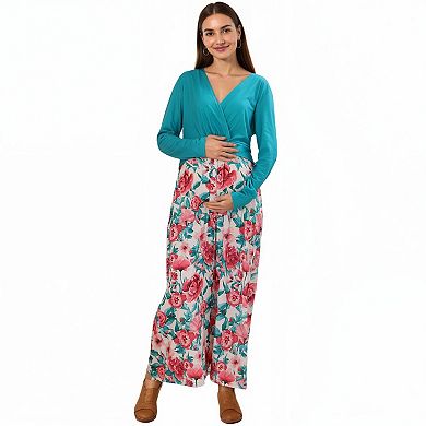 Women's Long Sleeve Floral Print Maternity Dresswith V-Neck Wrap Top