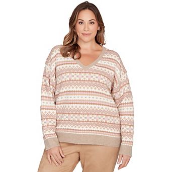 Hearts of Palm Plus Size Makin' Me Blush Long Sleeve V-Neck Fairisle Sweater