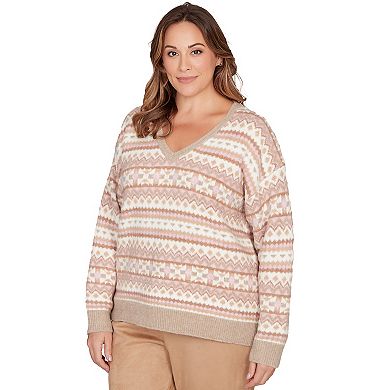 Hearts of Palm Plus Size Makin' Me Blush Long Sleeve V-Neck Fairisle Sweater