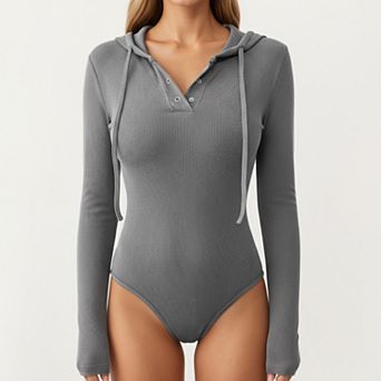 Women's Long Sleeve Ribbed Knit Bodysuit with Hoodie and Button Front Detail